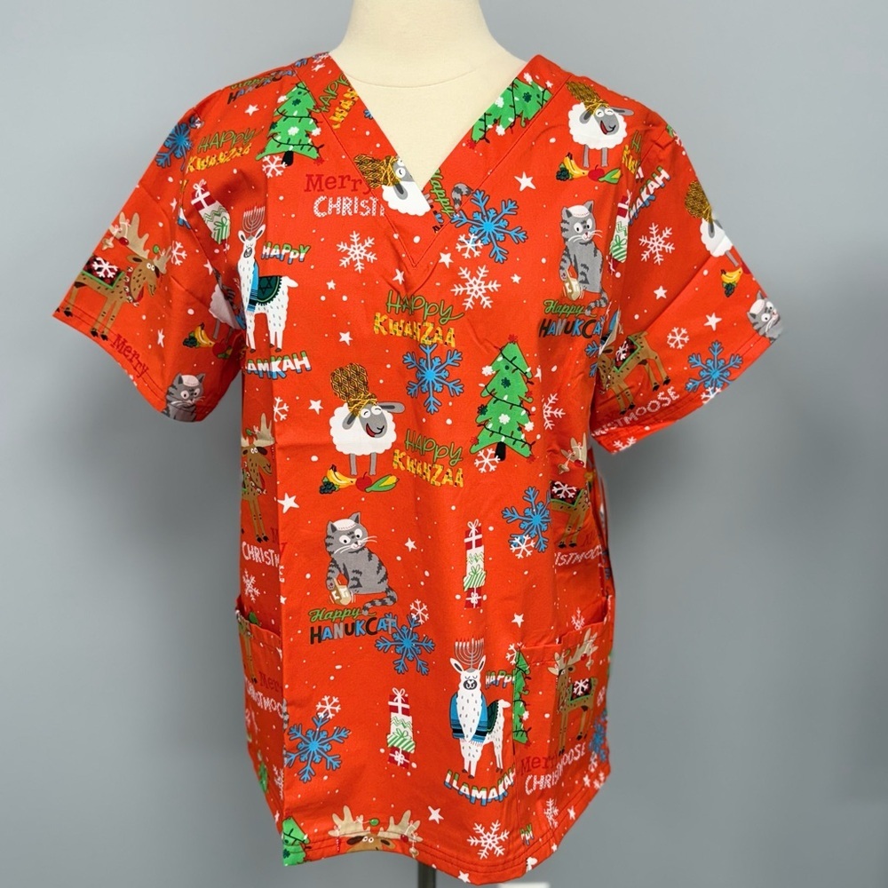 NWT Buttersoft All Holiday Scrub Top 3X Orange Cotton Scrubs Christmas Kwanza